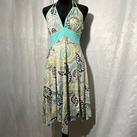 Baby Phat Halter Dress L Boho Floral Print Aqua Brown Asymmetrical Hem Y2K Retro - Picture 1 of 14